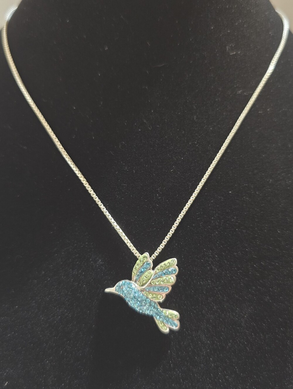 Sterling Silver Rhinestone Hummingbird Pendant On 16" Box Link Silver Necklace